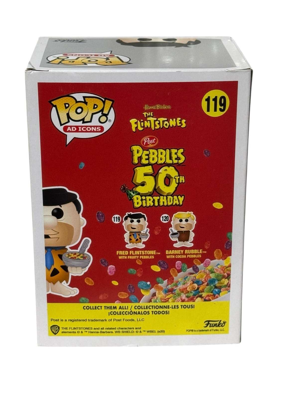 Fred Flintstone Funko Pop 119 holding Fruity Pebbles cereal figure in box