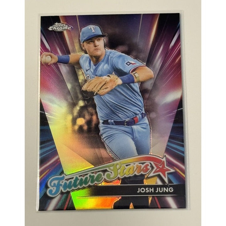 Josh Jung 2024 Topps Chrome Future Stars Refractor trading card featuring Texas Rangers player in blue uniform with holographic background