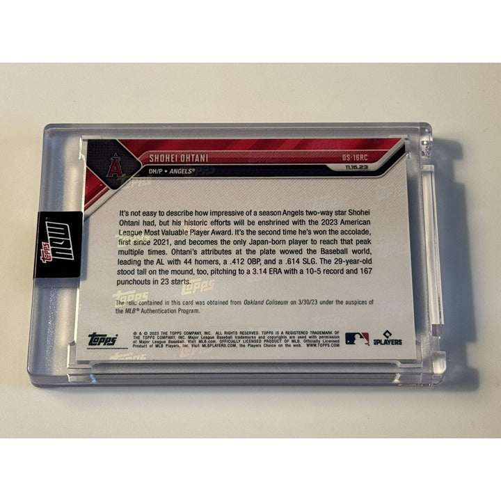 Shohei Ohtani 2023 MVP Topps Now game-used base relic baseball card in protective case