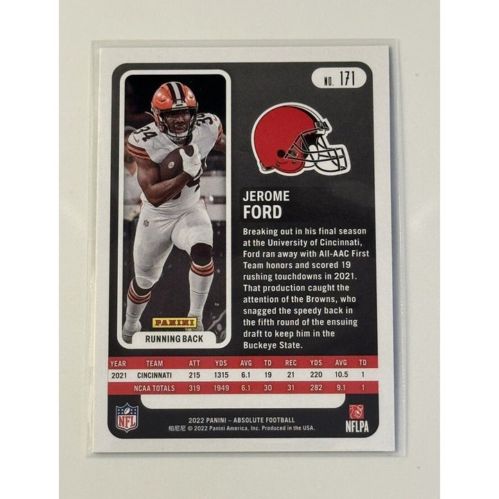 Jerome Ford RC Card 2022 Panini Absolute NFL Browns Football Rookie Card #171 with red foil parallel, near mint condition