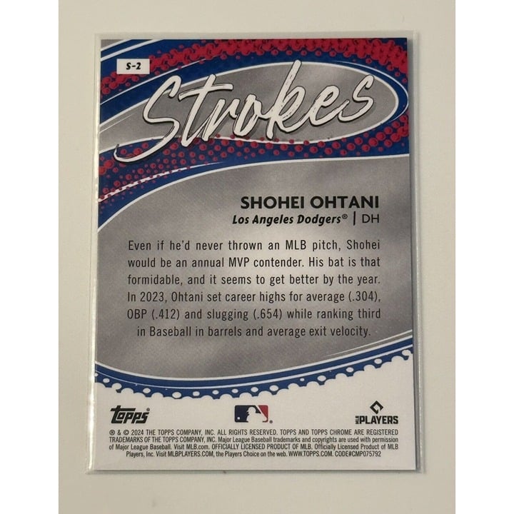 Shohei Ohtani Refractor 2024 Topps Chrome Strokes #S-2 MLB Los Angeles Dodgers trading card backside with player stats and chrome design