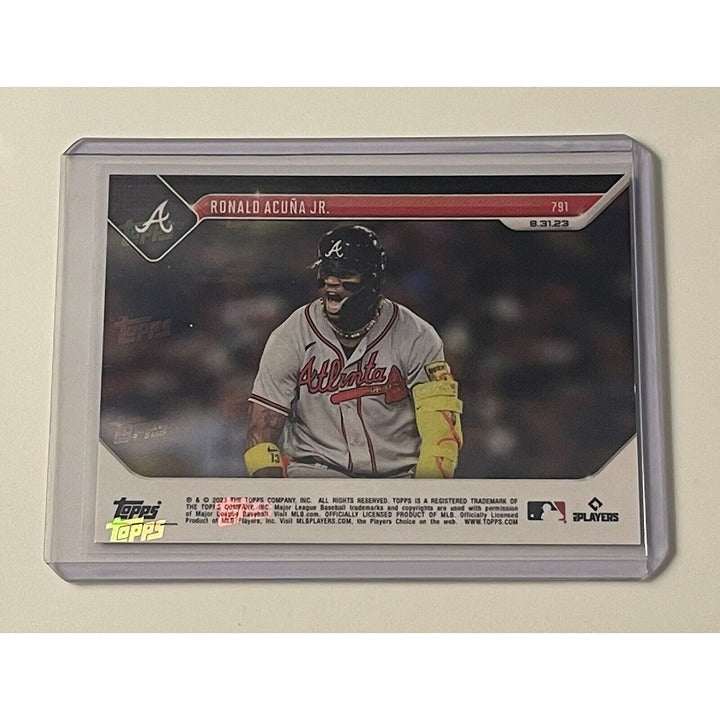 2023 Topps Now Ronald Acuna Jr. baseball card commemorating 30 home runs 60 stolen bases season in protective case