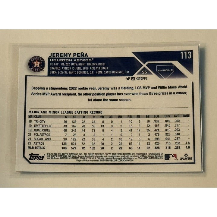 Jeremy Pena 2023 Topps Chrome Logofractor Rookie Cup baseball card back view