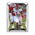 Jahmyr Gibbs 2023 Leaf Draft rookie football card showing action photo and rookie card logo