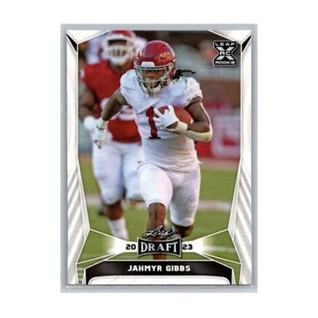 Jahmyr Gibbs 2023 Leaf Draft rookie football card showing action photo and rookie card logo