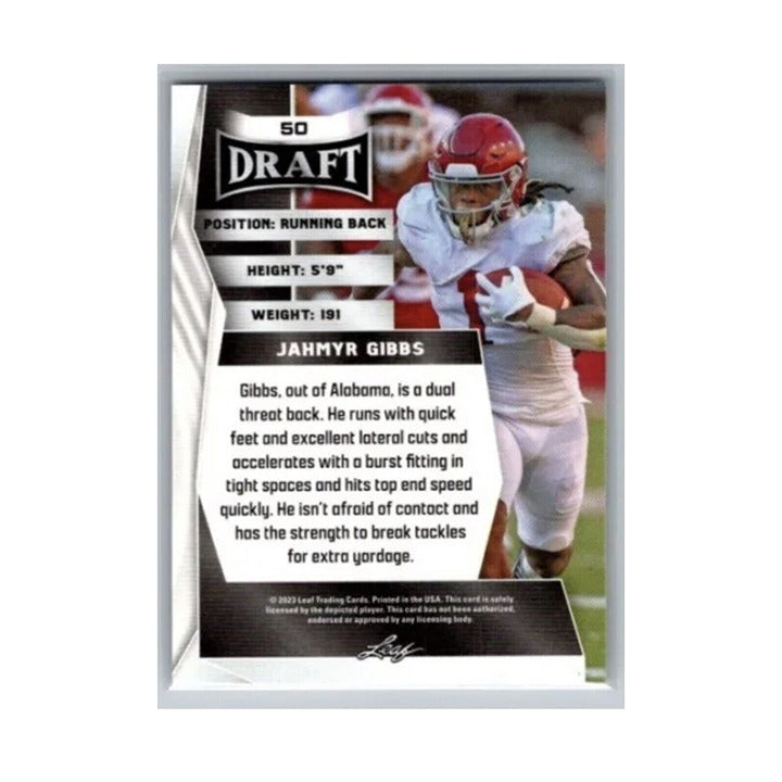 Jahmyr Gibbs 2023 Leaf Draft Rookie Card #50 with Alabama Crimson Tide jersey relic, NFL Lions rookie card, football collectible