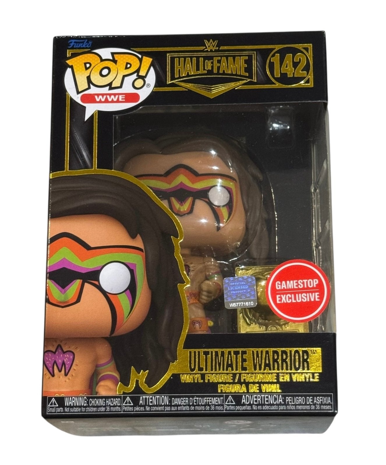 Funko Pop WWE Ultimate Warrior Hall of Fame figure #142 in sealed GameStop exclusive packaging with hologram