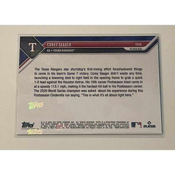 2023 Topps Now Corey Seager Texas Rangers ALCS Game 7 trading card with 1st inning home run detail