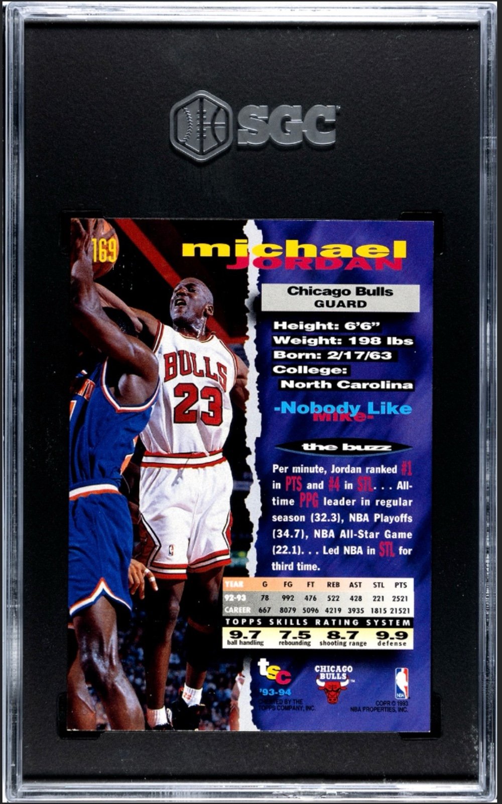 1993-94 TOPPS Stadium Club Michael Jordan NBA Bulls card 169 SGC 9 slab