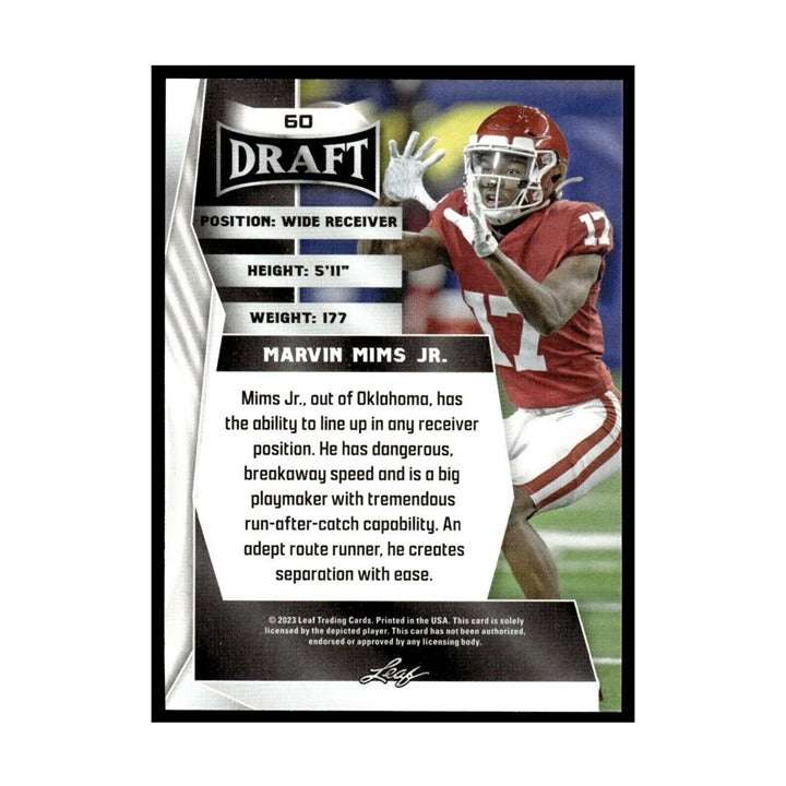 2023 Leaf Draft Marvin Mims Jr. rookie football card Alabama Crimson Tide