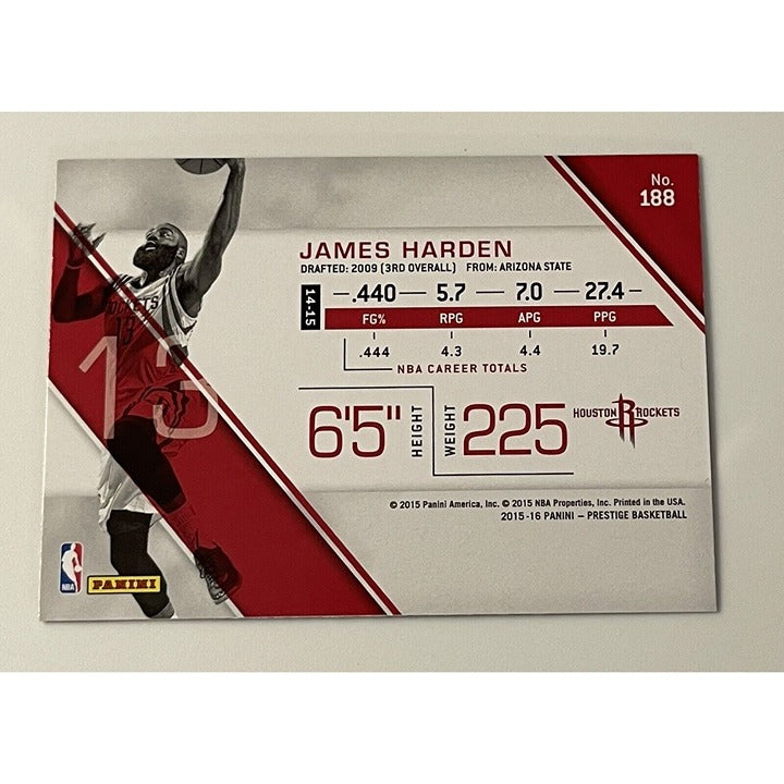 James Harden 2015-16 Panini Prestige NBA basketball card #188 Houston Rockets stats