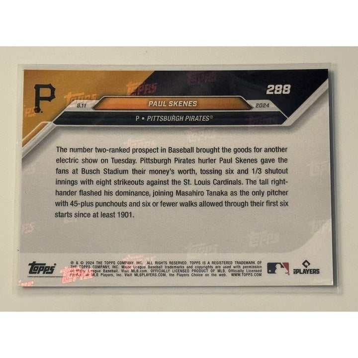 Paul Skenes RC 2024 Topps Now Pirates rookie baseball card with 45-plus punchouts