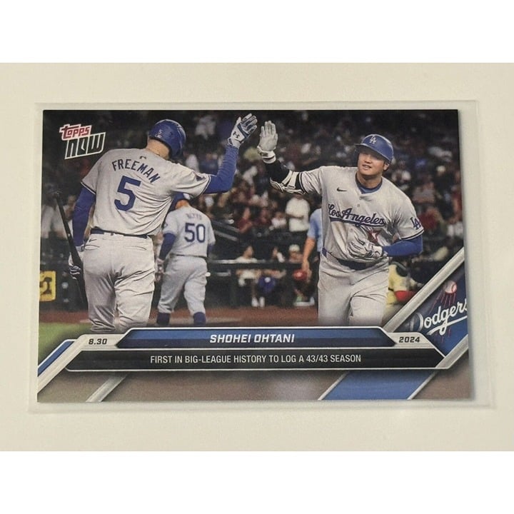2024 Shohei Ohtani Topps Now trading card featuring historic 43/43 MLB season with Los Angeles Dodgers