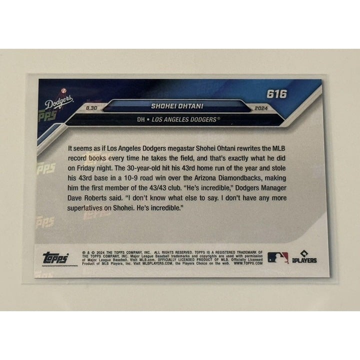 Shohei Ohtani 2024 Topps Now 616 Dodgers historic 43-43 season aluminum trading card back view