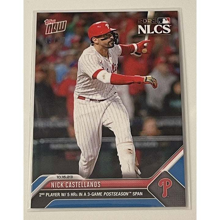 2023 Topps Now trading card featuring Nick Castellanos of the Philadelphia Phillies numbered 43/49 in red parallel design