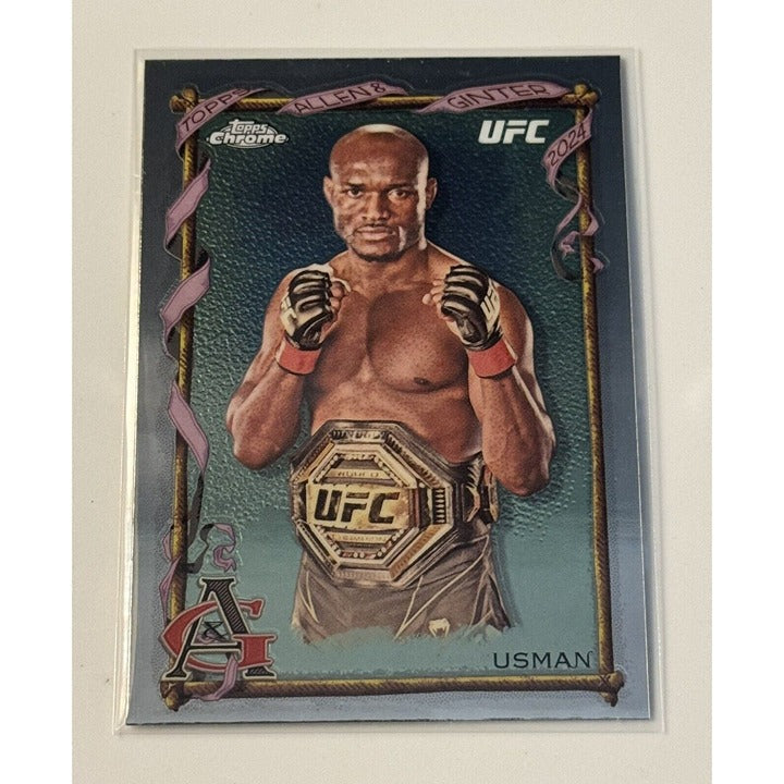 Kamaru Usman 2024 Topps Chrome UFC Allen & Ginter Silver Refractor collectible card with championship belt