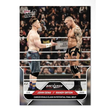 2025 WWE Topps NOW trading card featuring wrestlers John Cena and Randy Orton in a wrestling ring