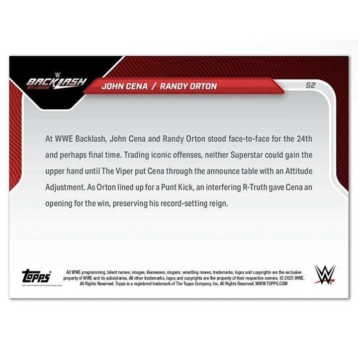 John Cena Randy Orton 2025 Topps ONLY 1784 PR John Cena Randy Orton 2025 Topps NOW WWE Card 52 Dual Superstars