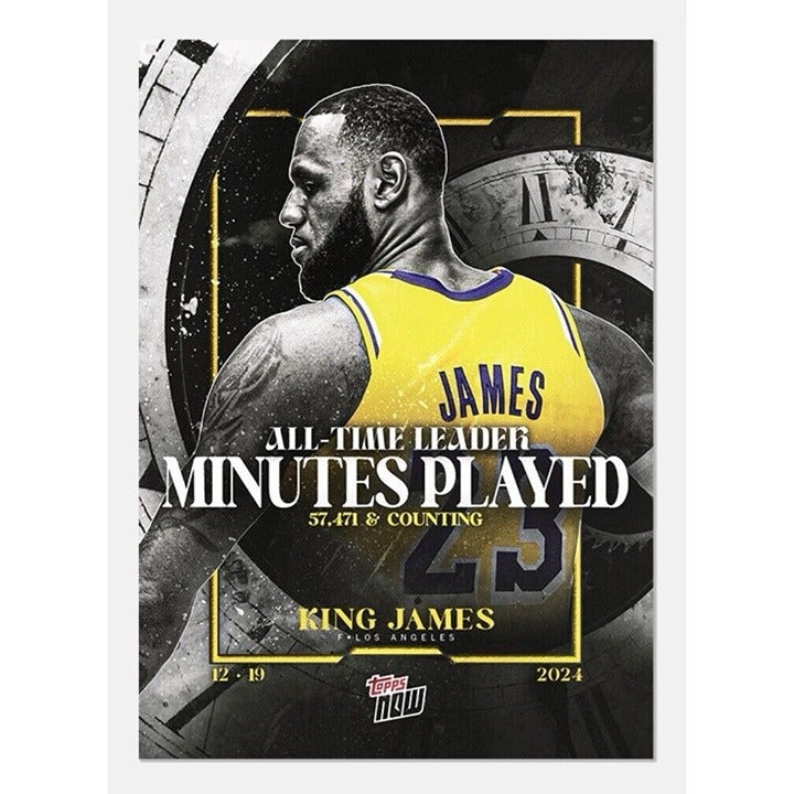 Lebron James 2024-25 Topps Now basketball card commemorating all-time leader in minutes played