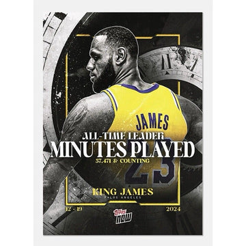 Lebron James 2024-25 Topps Now basketball card commemorating all-time leader in minutes played