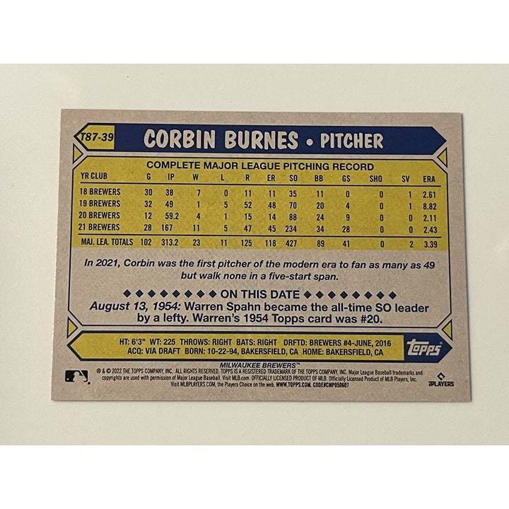 2022 Topps 1987 Baseball Corbin Burnes Milwaukee Brewers MLB trading card