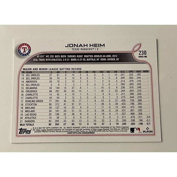 2022 Topps Series 1 Jonah Heim baseball card Texas Rangers Playoffs 23 MLB collector's card