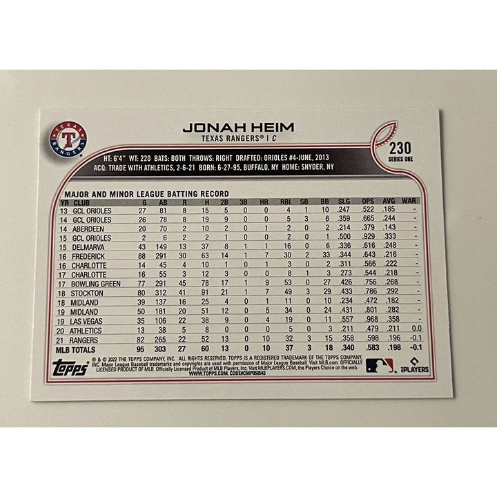 2022 Topps Jonah Heim Texas Rangers baseball card back #230 MLB Playoffs collector card