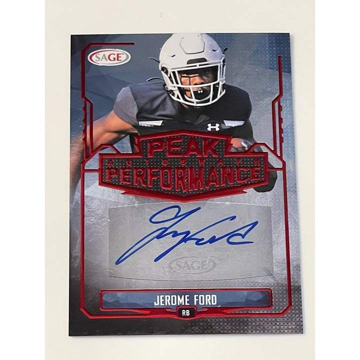 Jerome Ford 2022 Sage Peak Performance Auto Silver football card with autograph and helmeted player image