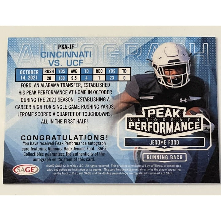 2022 Jerome Ford Sage Peak Performance auto silver football card with stats and autograph sleeve
