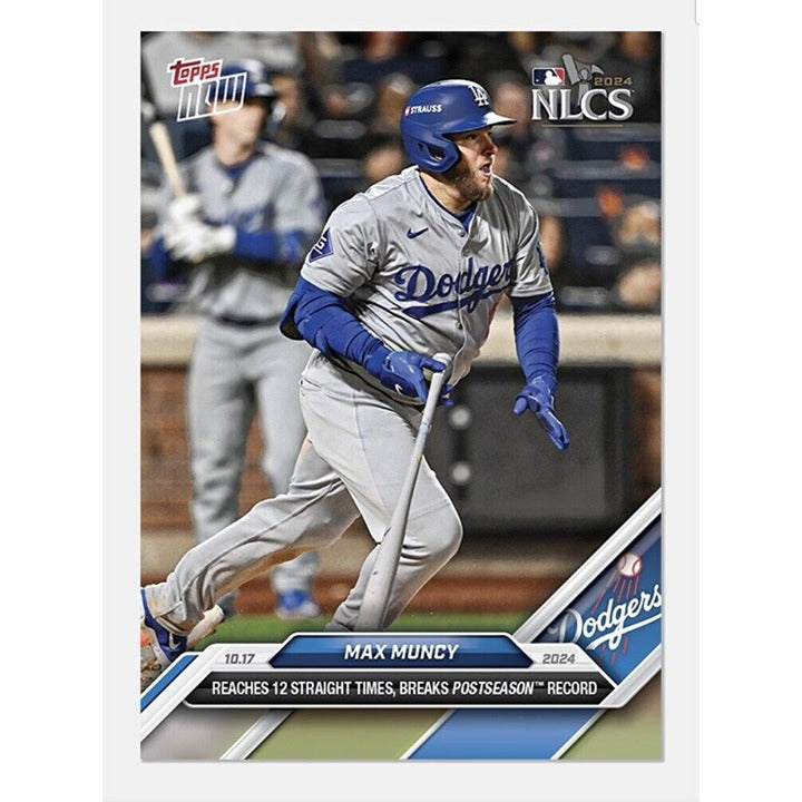 2024 Max Muncy baseball trading card from Topps Now featuring LA Dodgers NLCS postseason record image