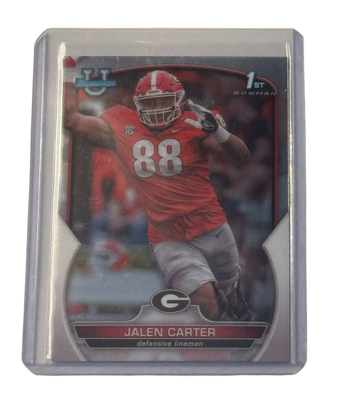 Jalen Carter RC 1st Bowman Chrome football card Georgia Bulldogs defensive lineman in protective sleeve