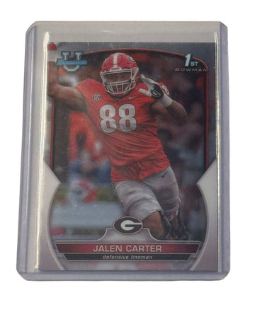 Jalen Carter RC 1st Bowman Chrome football card Georgia Bulldogs defensive lineman in protective sleeve
