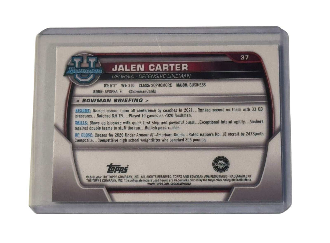 Jalen Carter RC 1st Bowman Chrome football card Georgia Bulldogs defensive lineman in protective sleeve