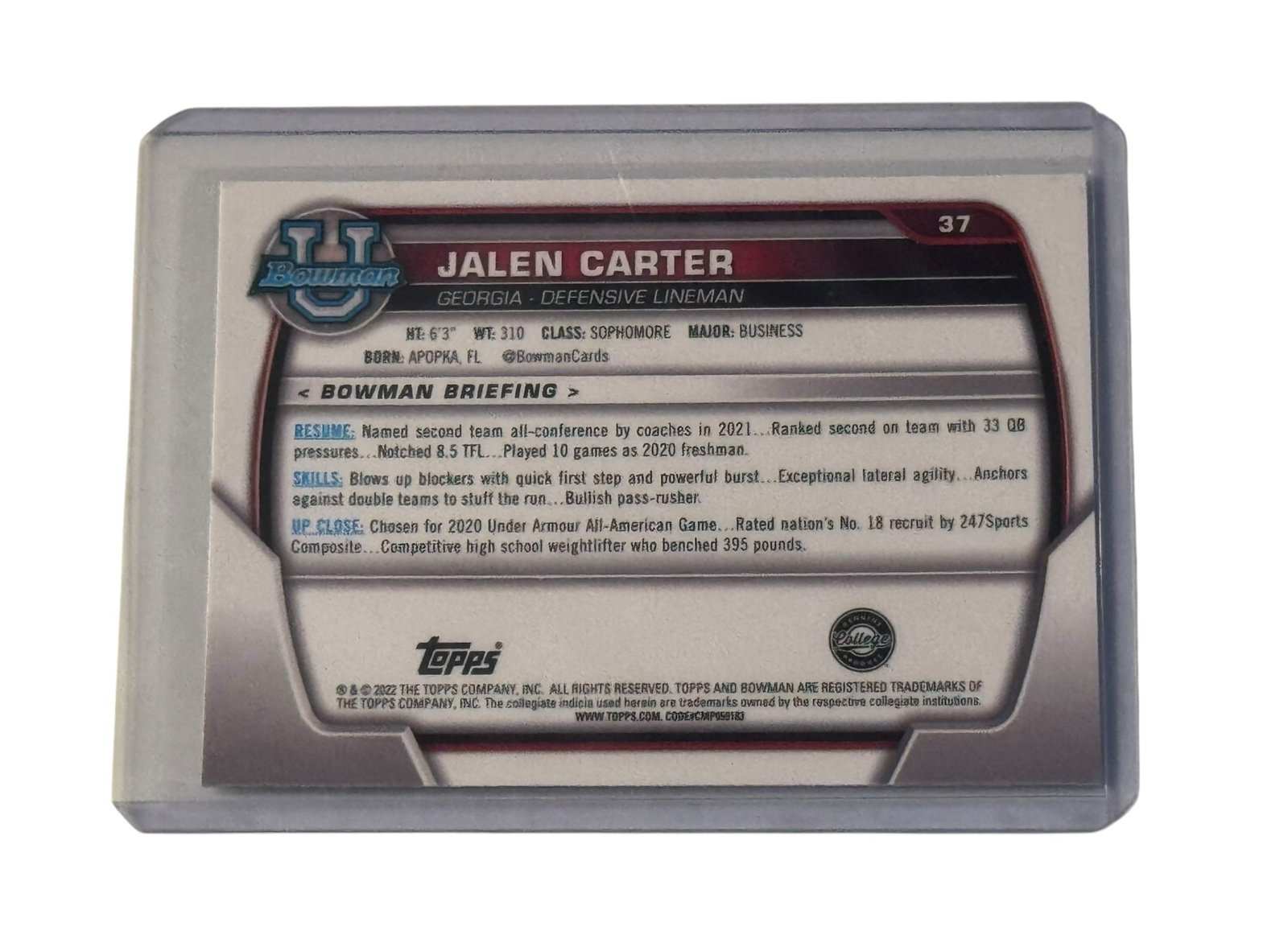 Jalen Carter RC 1st Bowman Chrome Georgia Bulldogs defensive lineman football card in protective sleeve