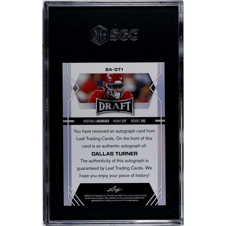 Dallas Turner RC Auto 2022 Leaf Draft Alabama Crimson Tide football card SGC 10