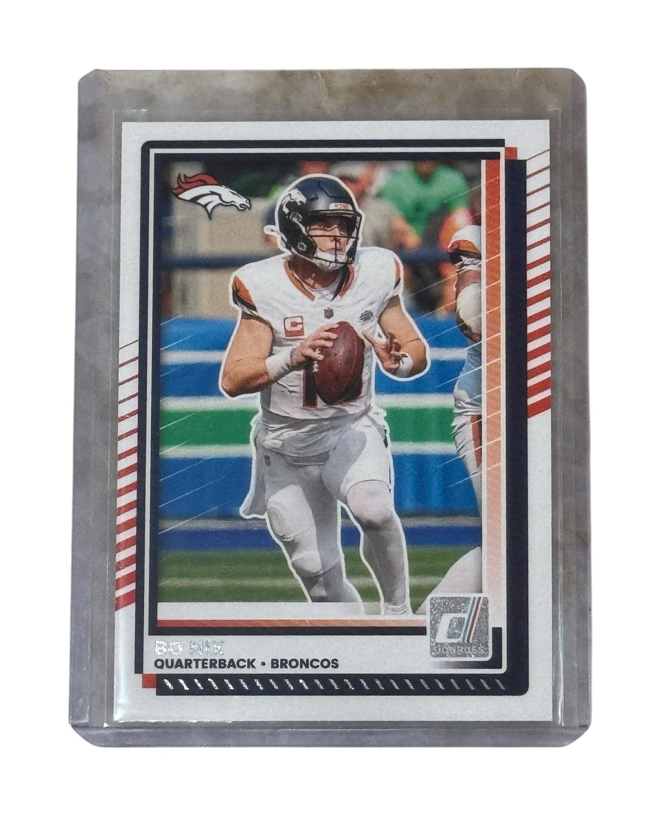 Bo Nix Rookie Card 2024 Score NFL Denver Broncos quarterback in protective sleeve