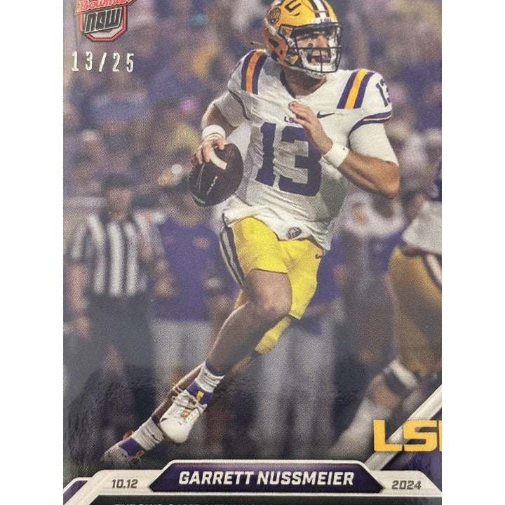 13/25 limited edition Garrett Nussmeier LSU Tigers 2024 Bowman rookie football card in protective sleeve