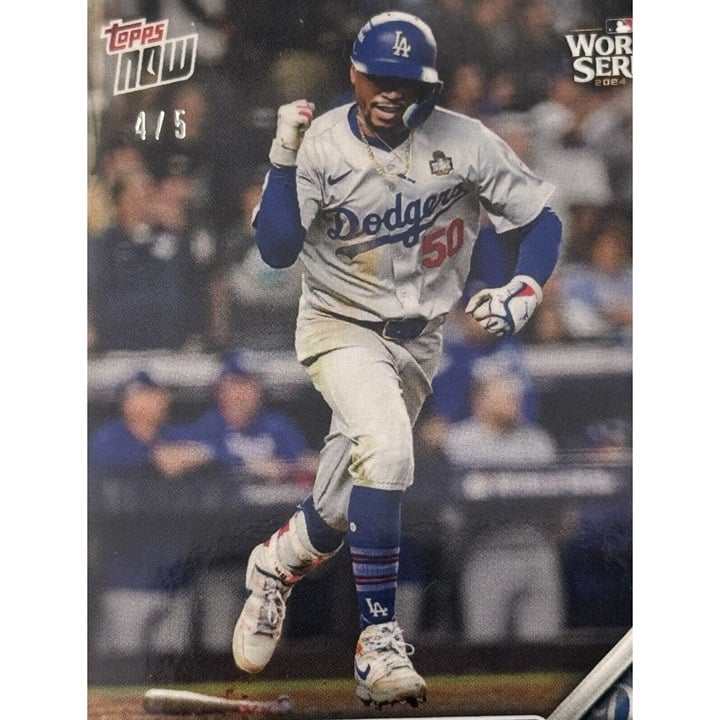 Mookie Betts 2024 Topps NOW trading card showing game-winning sacrifice fly for LA Dodgers World Series comeback