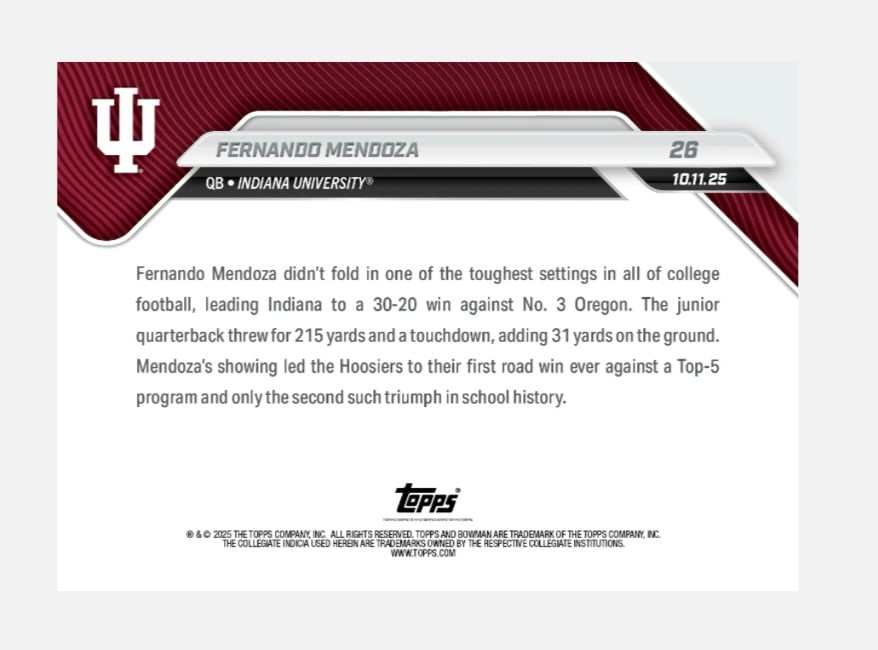 Fernando Mendoza 2025 Bowman U Topps football card Indiana QB limited edition