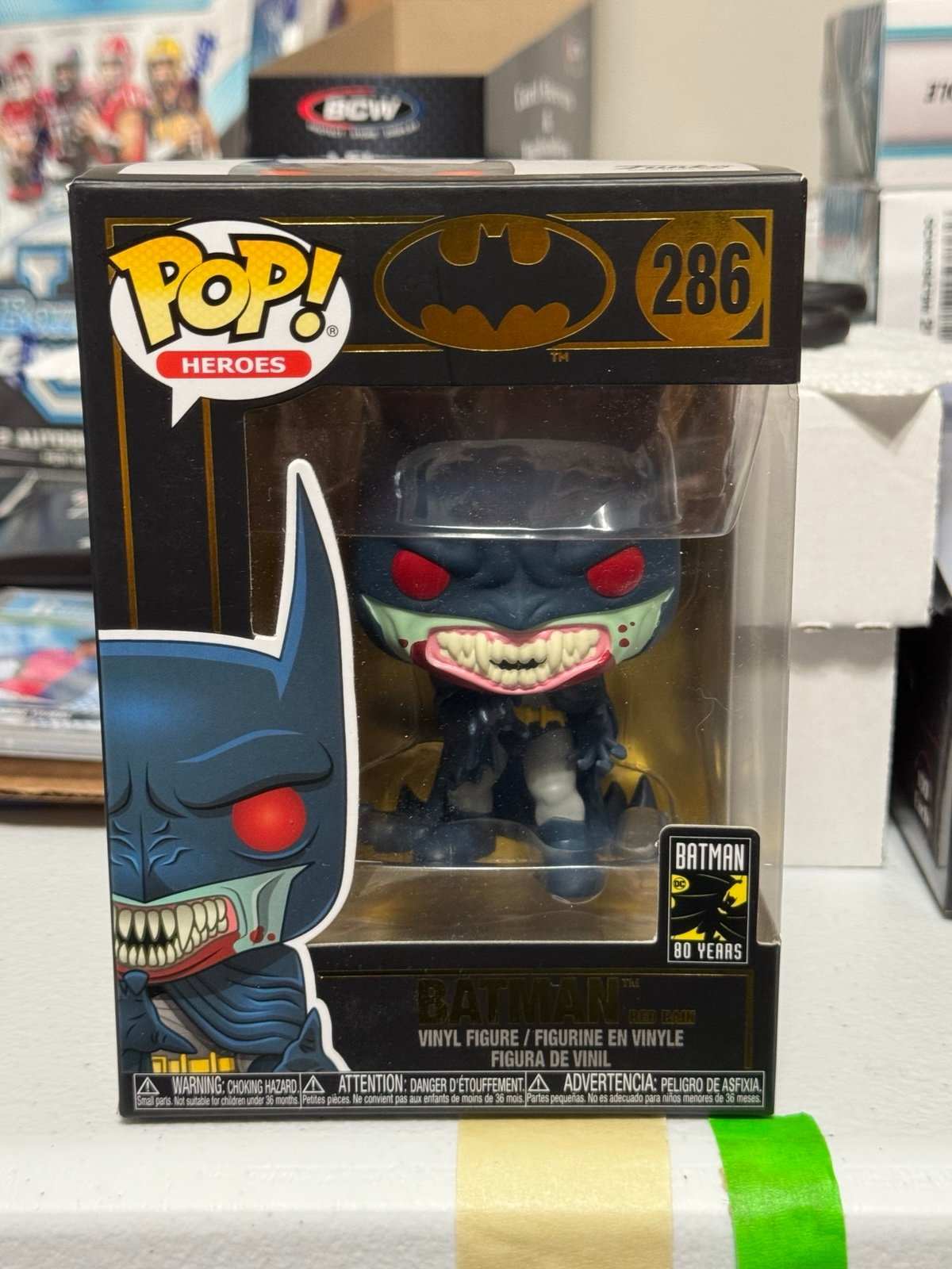 Batman Red Rain vampire-style Funko Pop figure 286 from DC Heroes 80 Years collection in original box with shelf wear