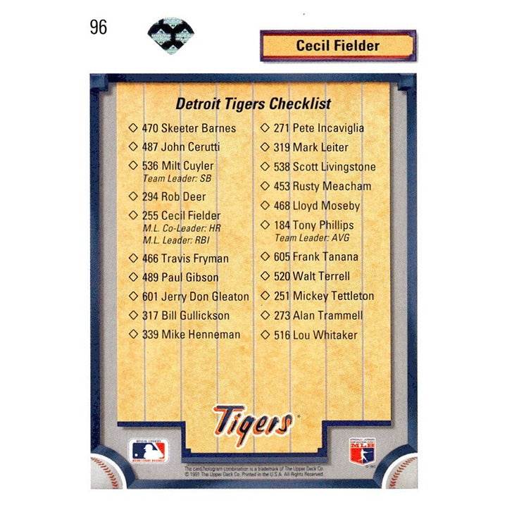 1992 Upper Deck Cecil Fielder MLB Detroit Tigers baseball card #96 vintage collectible