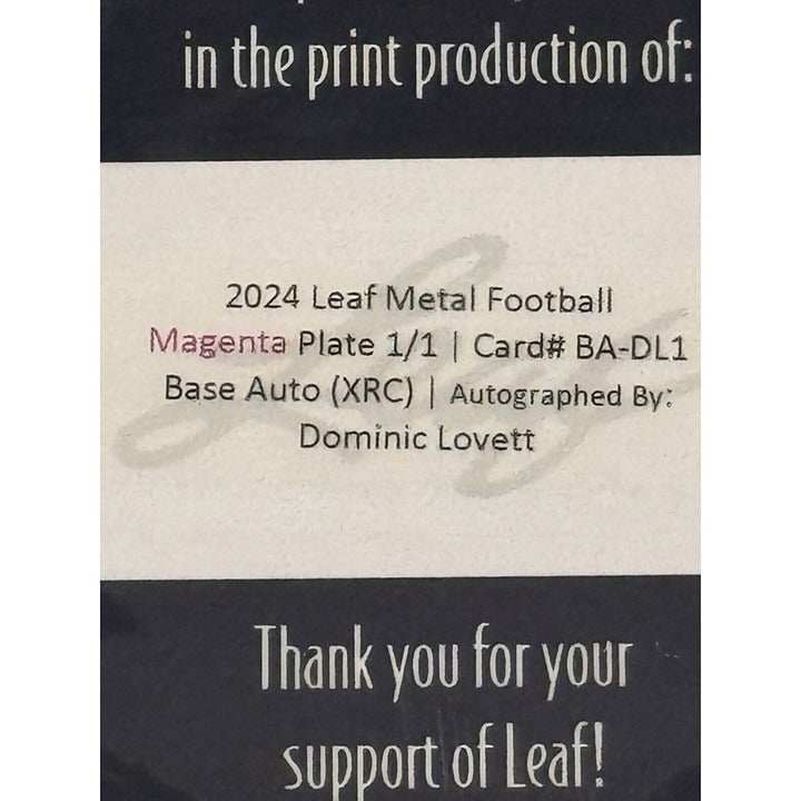 Dominic Lovett RC Auto 2024 Leaf Metal XRC limited edition printing plate football card