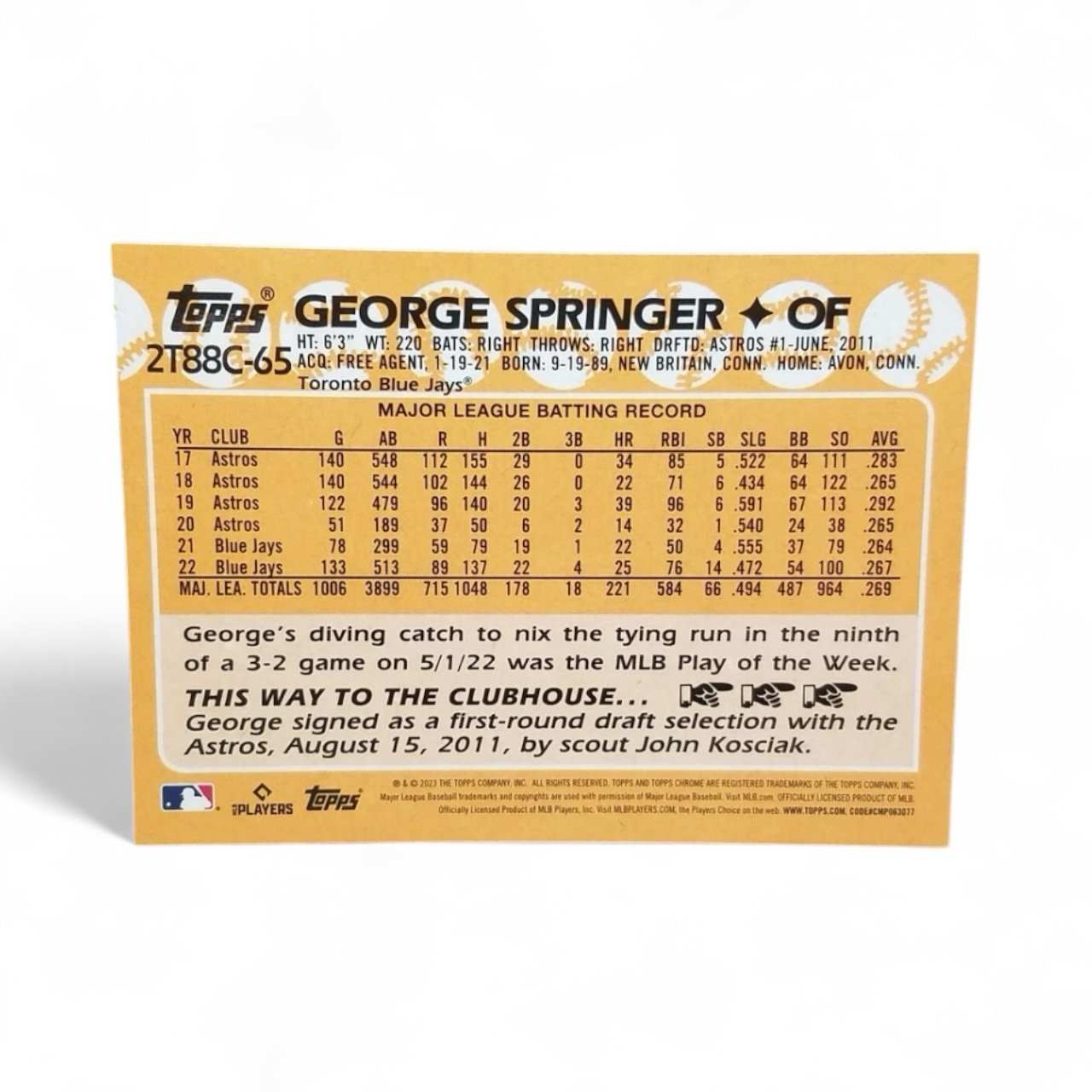 2023 Topps George Springer MLB Blue Jays Chrome Mojo Refractor card back view