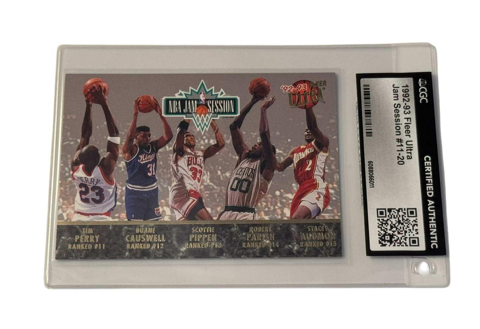 1992-93 Fleer Ultra Jam Session basketball card featuring Michael Jordan and NBA stars in CGC certified authentic sleeve