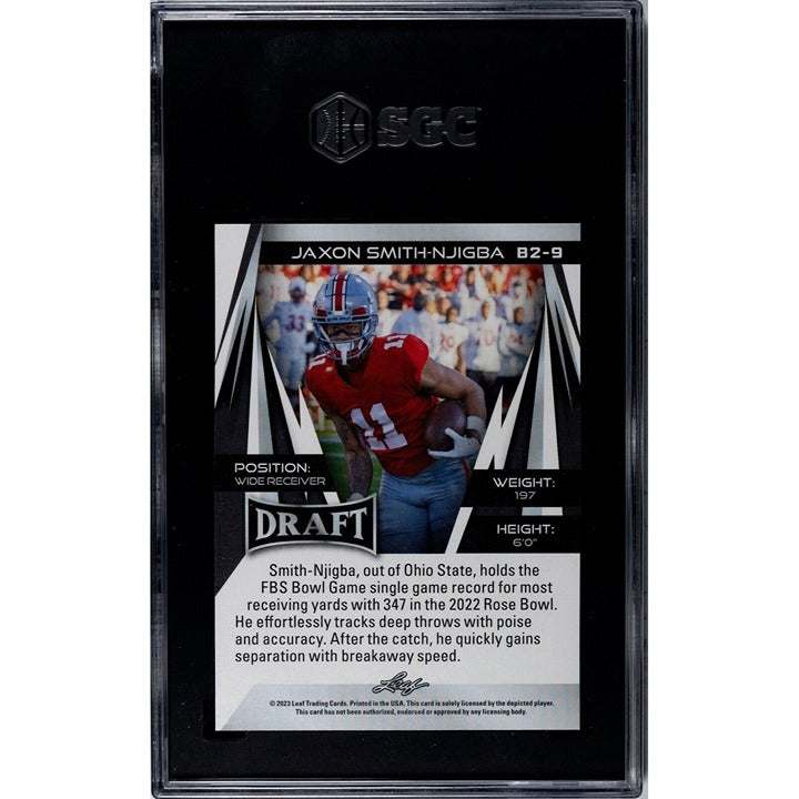 2023 Leaf Draft Jaxon Smith-Njigba rookie card graded SGC 10 with Ohio State football player image and green-yellow parallel design