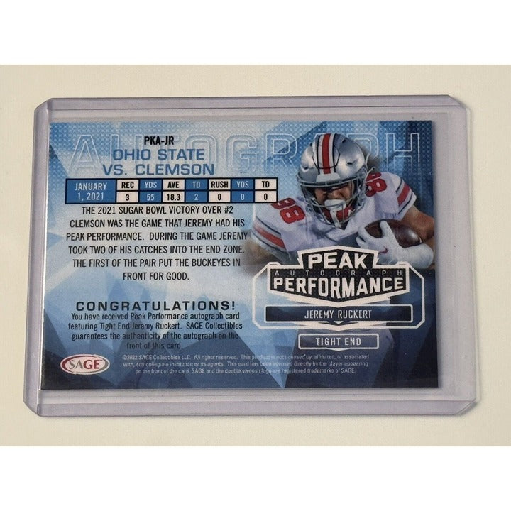 Jeremy Ruckert RC Auto 2022 SAGE High Peak Performance football trading card in protective case