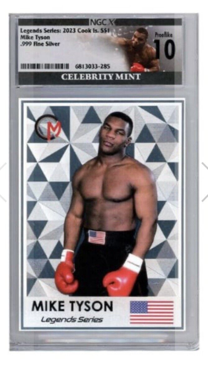 Limited edition Mike Tyson Legends Series 2023 silver proof sports trading card with USA flag