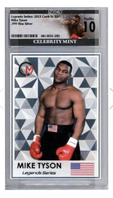 Limited edition Mike Tyson Legends Series 2023 silver proof sports trading card with USA flag