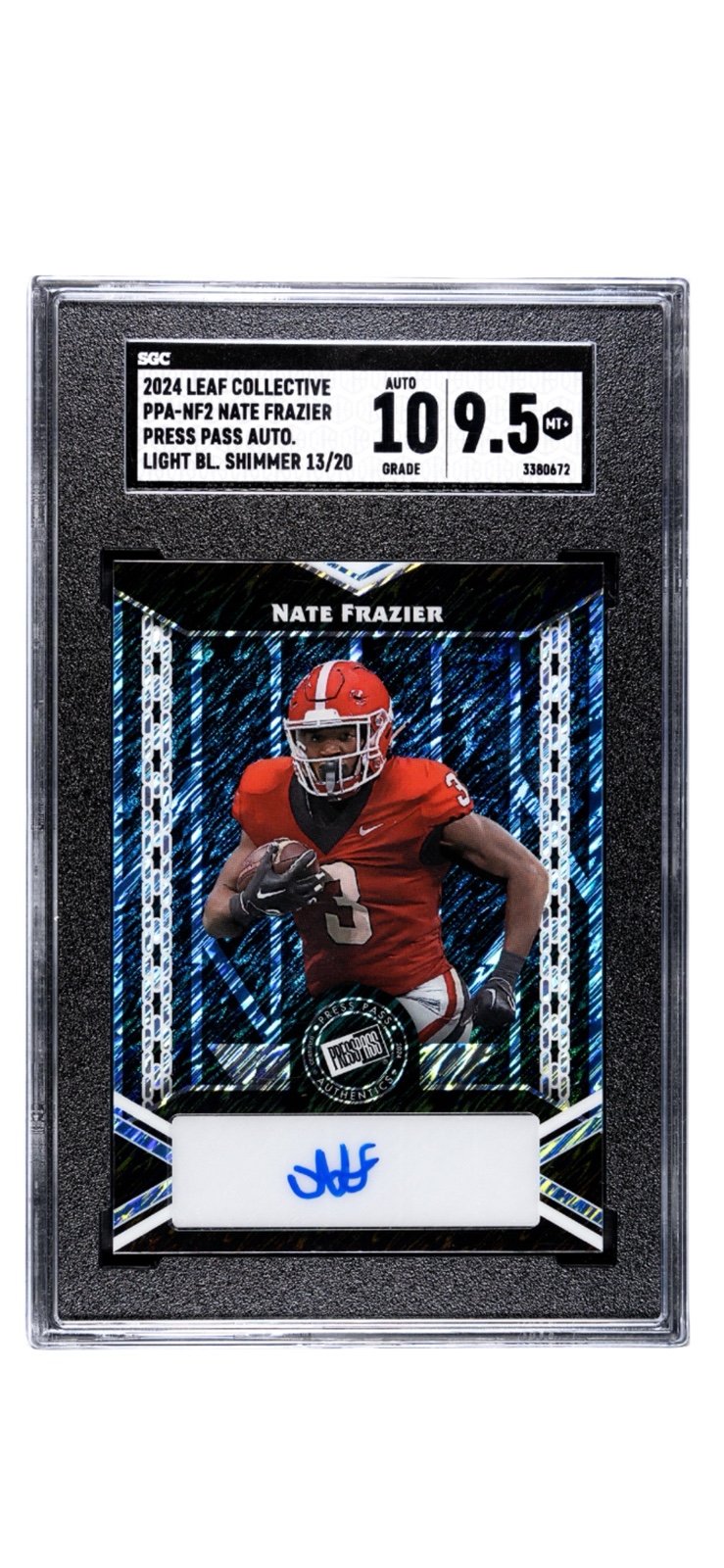 13/20* Nate Frazier RC Auto 2024 Leaf PRESS Purple Shimmer PPA-NF2 UGA SGC 9.5