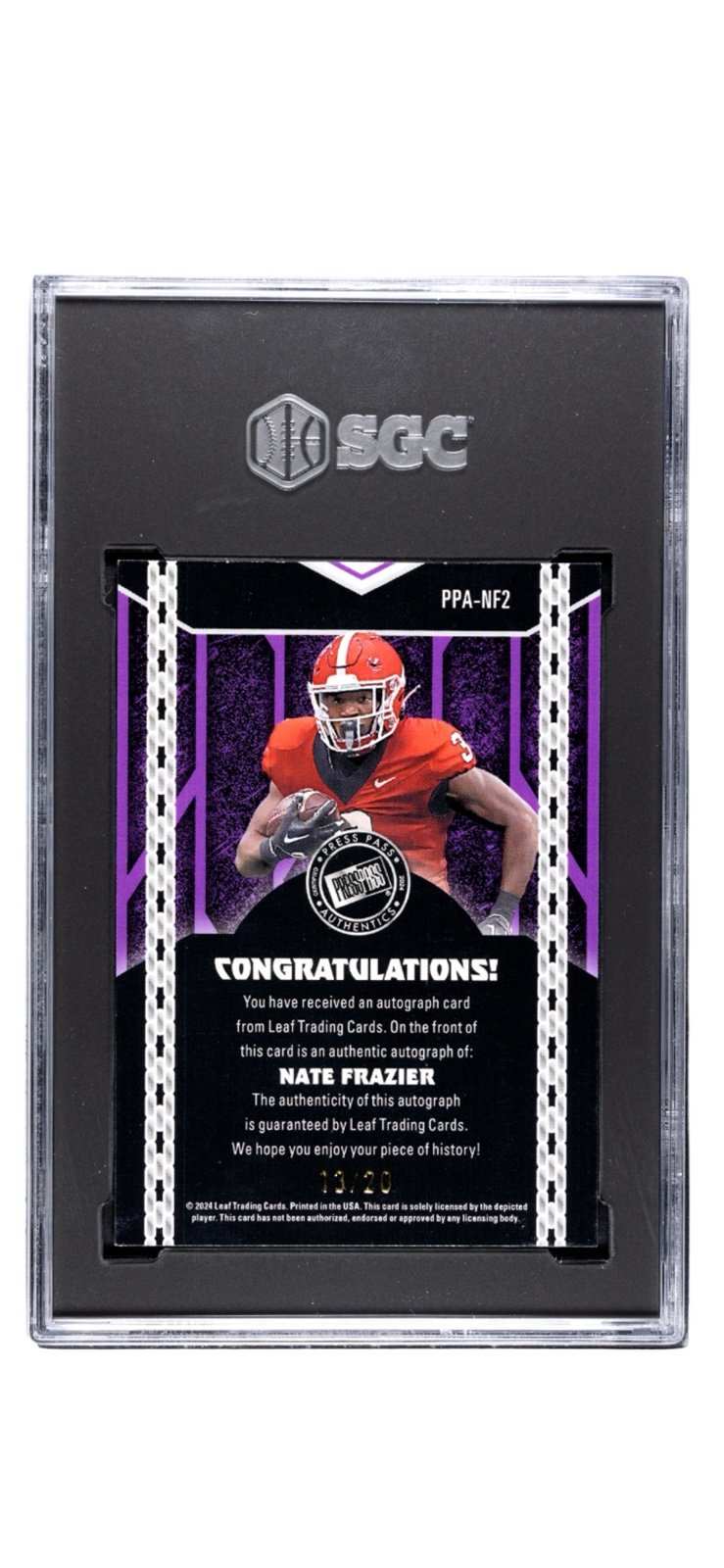 2024 Nate Frazier RC Auto football card with purple shimmer and SGC 9.5 grade